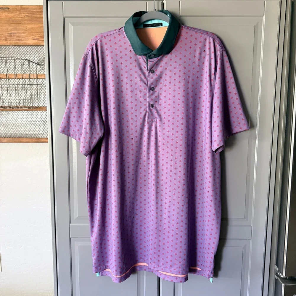 Greyson Mens Spring Garden Cutaway Collar Performance Golf Polo, Purple Navy, XL